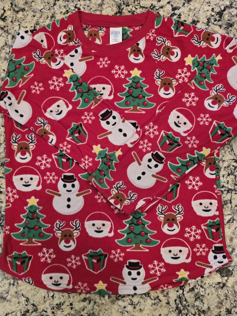 Childrens Place Red Fleece Pajama Top with Santa Snowman & Reindeer